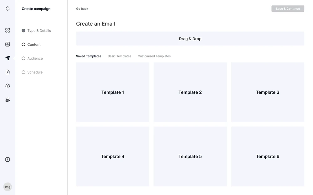 Campaign creation wireframe with template selection