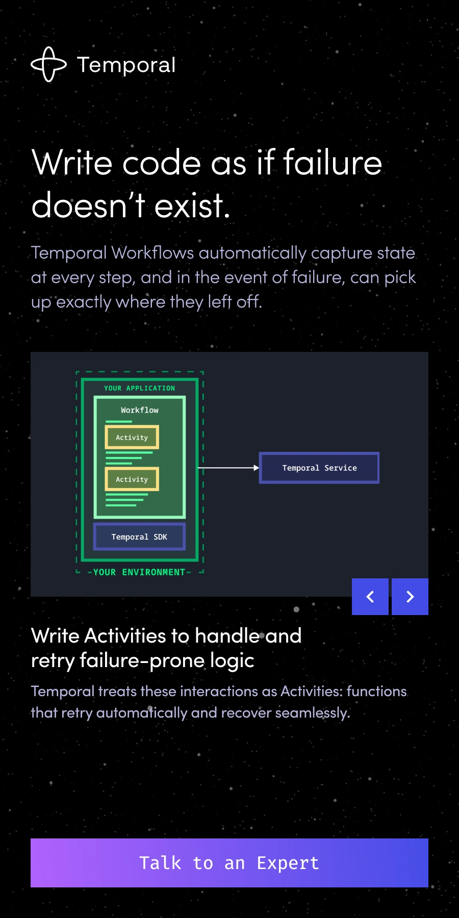 Temporal: a developer unit built around a workflow diagram, ending in Talk to an Expert