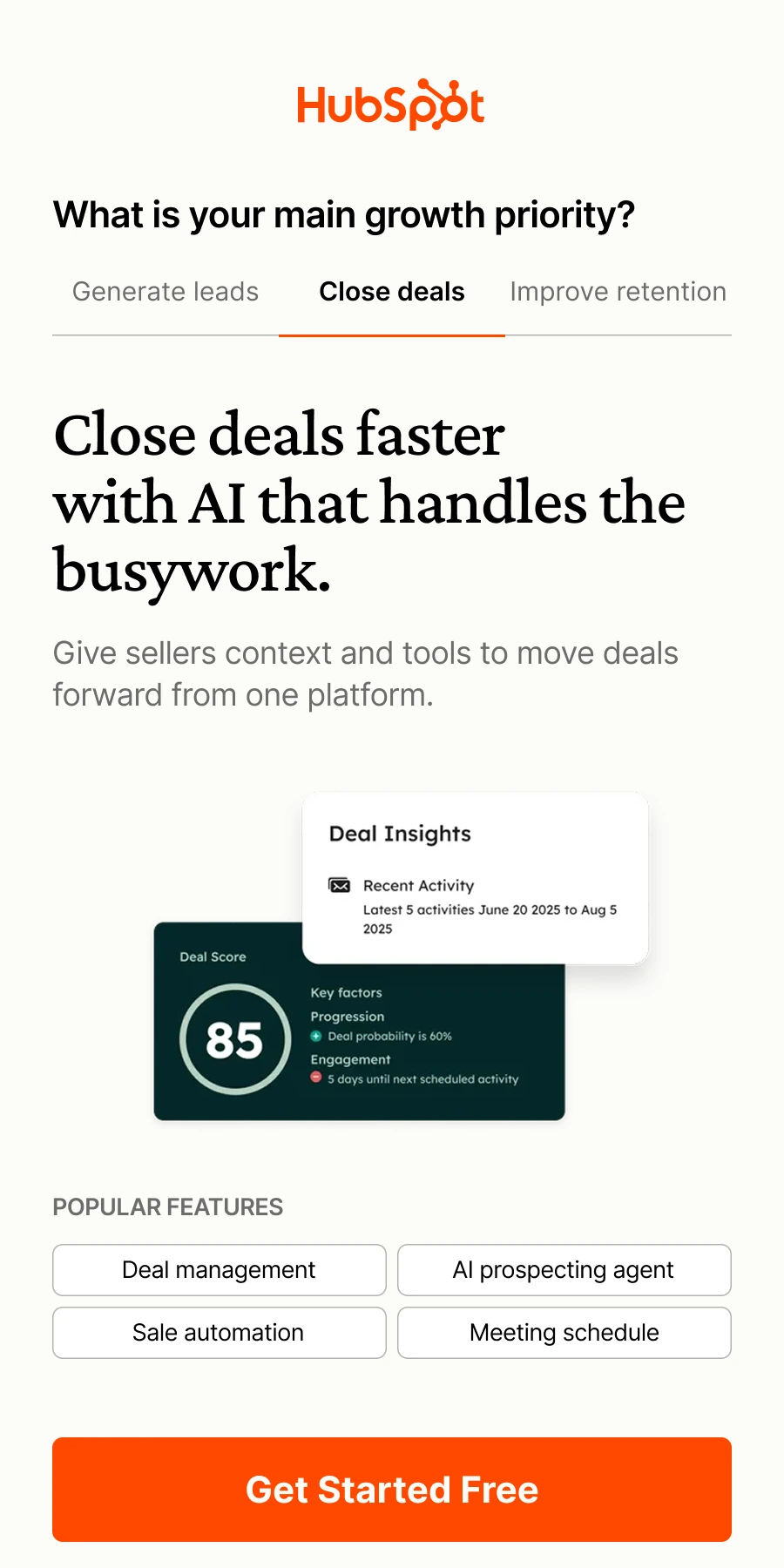 HubSpot: a tabbed unit that switches between generating leads and closing deals
