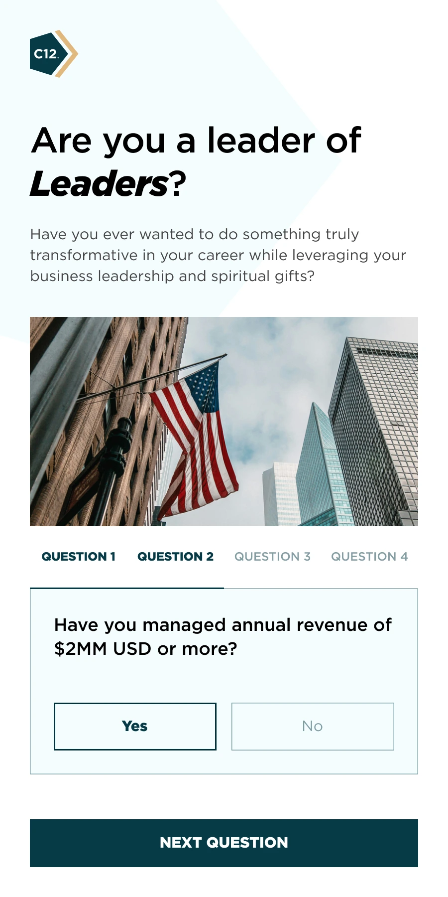 C12: a four-question qualifier that screens the reader before any form appears