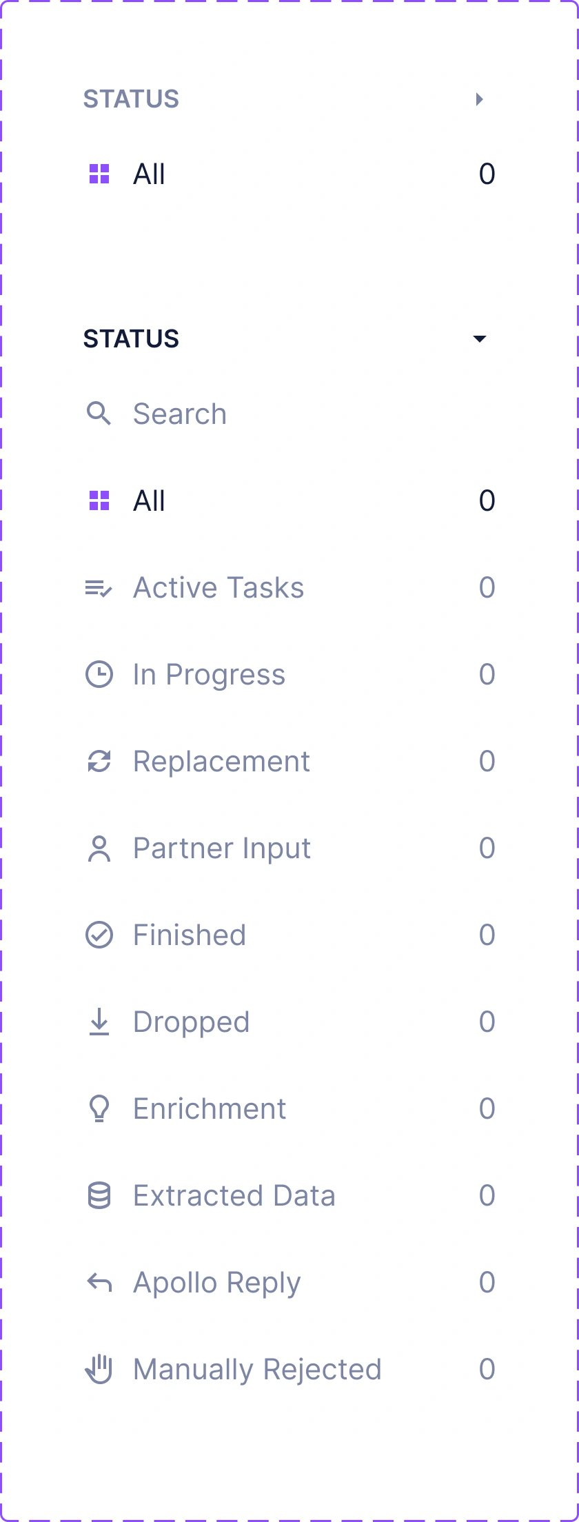 The status filter panel, one component serving every stage a document passes through
