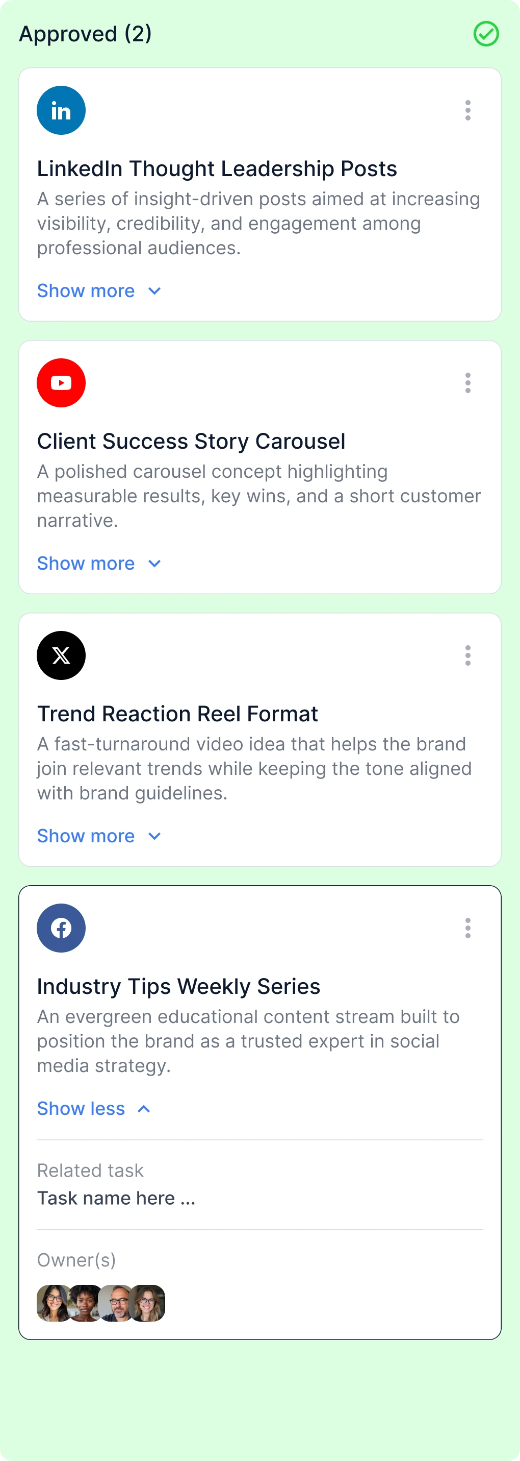 Approved: four ideas cleared to produce, across YouTube, Facebook, X and LinkedIn