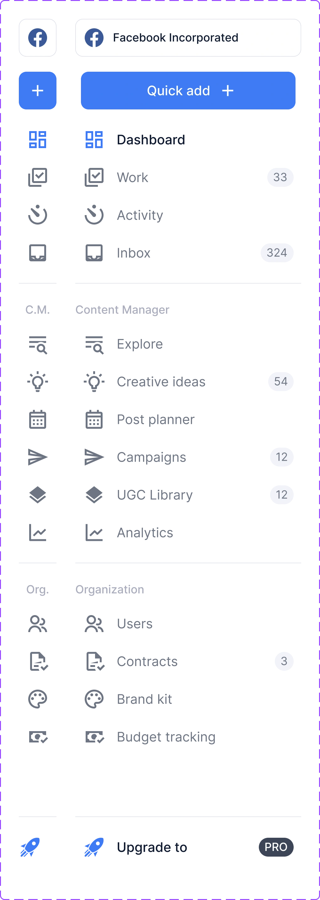 The navigation: workspace, content manager and organization, each item with its count