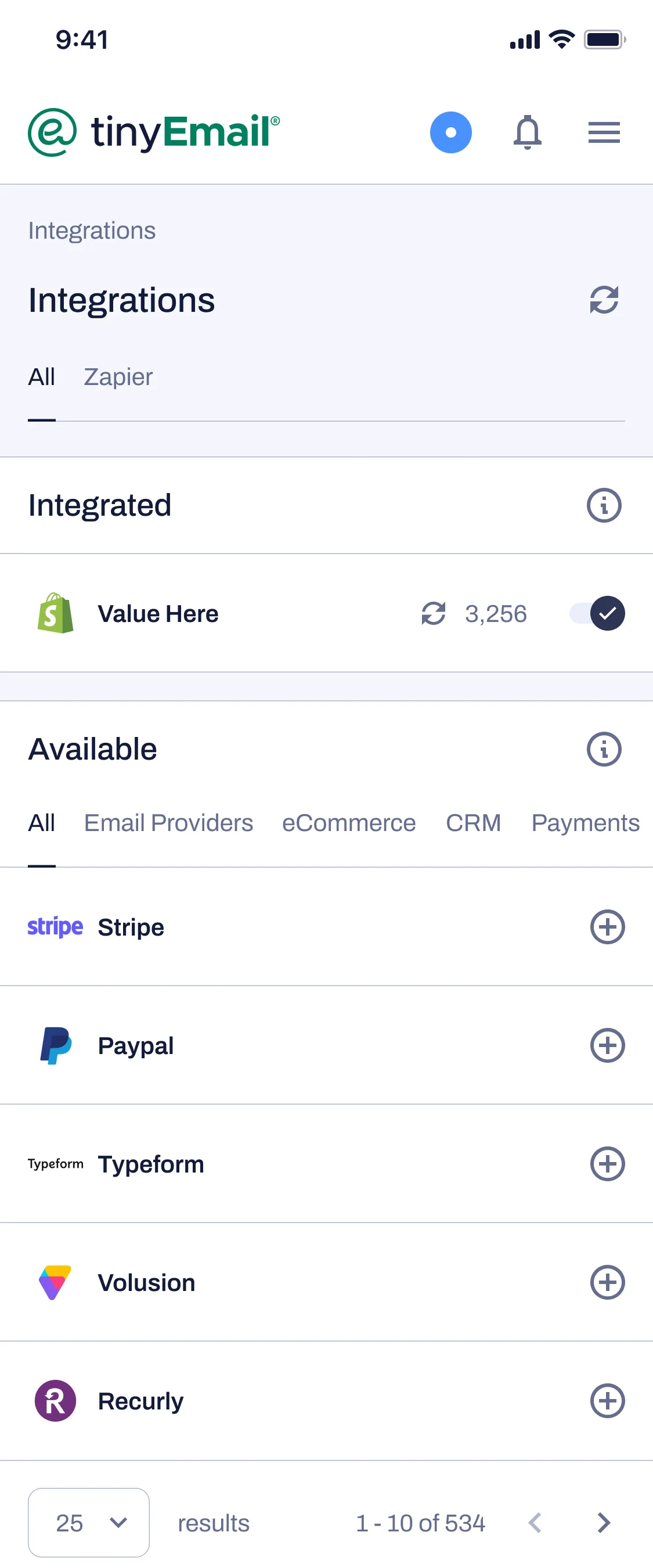 tinyEmail Integrations on mobile