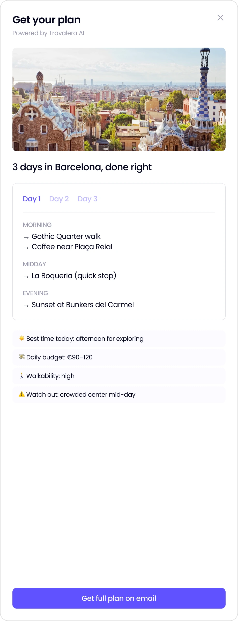 The plan generated from those rows, three days in Barcelona with a daily budget of 90 to 120 euro