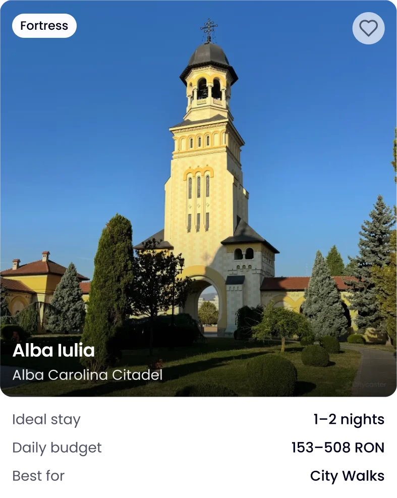 Alba Iulia in CityCaster: a fortress, one to two nights, 153 to 508 RON a day, best for city walks
