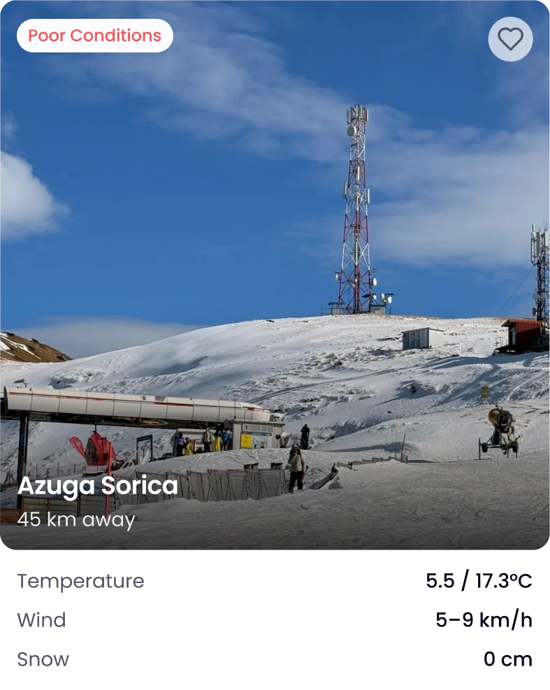 Azuga Sorica in SlopeCaster: the same card, now reading poor conditions, 5.5 degrees, light wind and no snow
