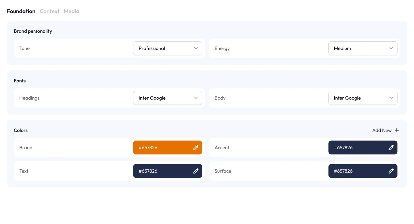 Foundation: the brand basics pulled from the site, kept editable