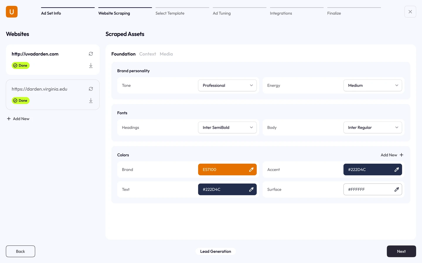 Step 2, scraping: pulling the brand identity, tone, fonts and colours from its site