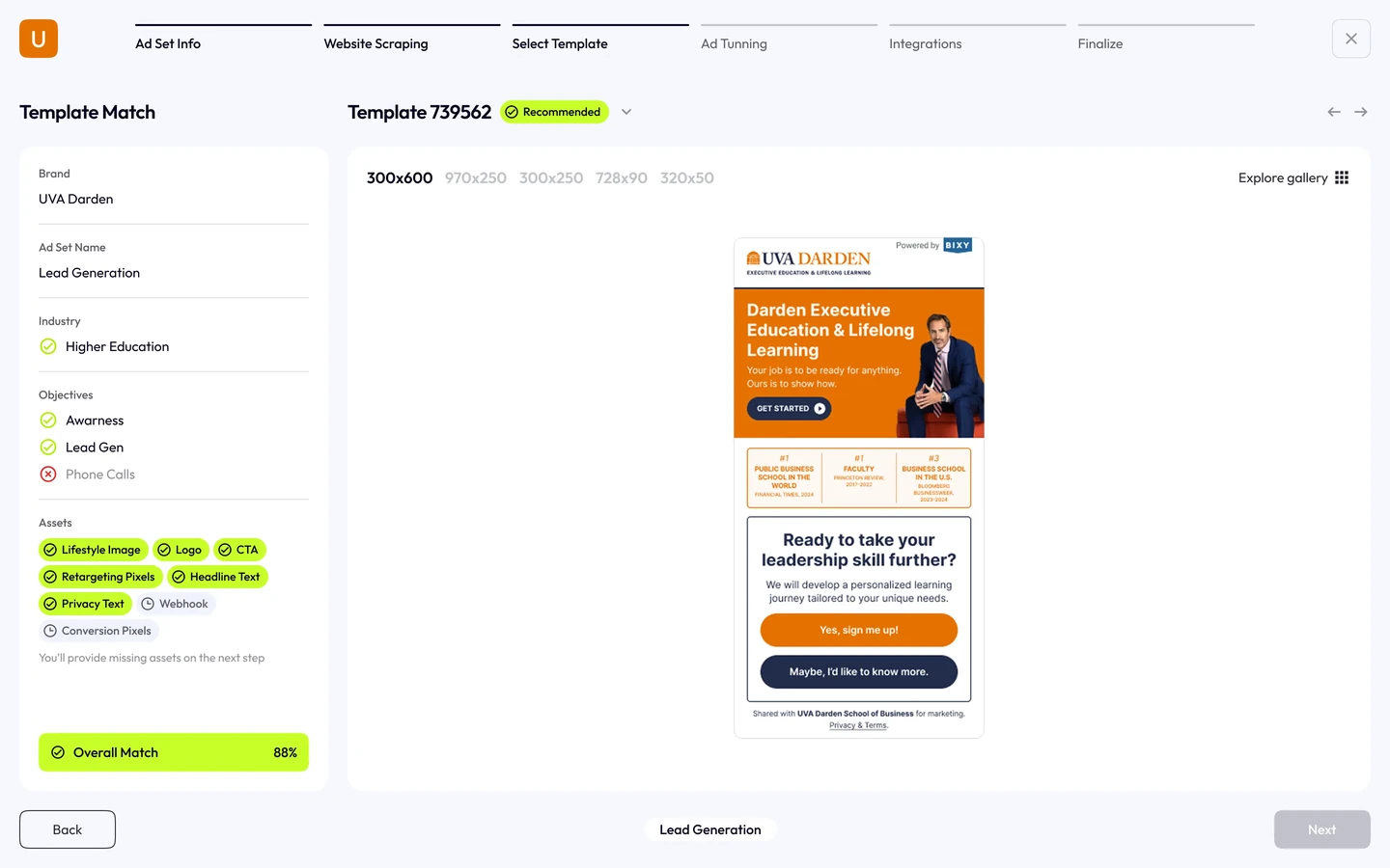 Step 3, template: choosing the ad layout the generated content will fill