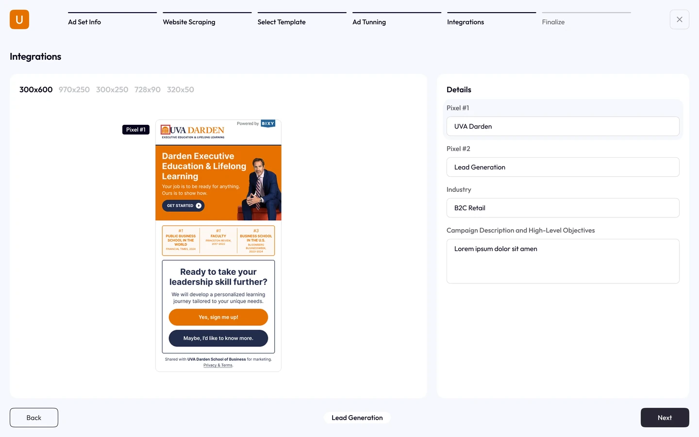 Step 5, integrations: connecting the ad accounts it will publish to