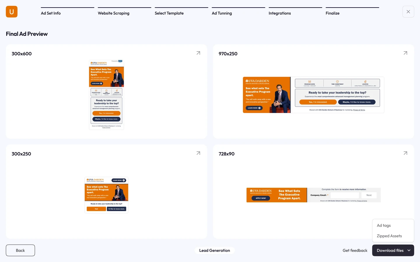 Step 6, finalize: the finished ad set, ready to ship across sizes and objectives