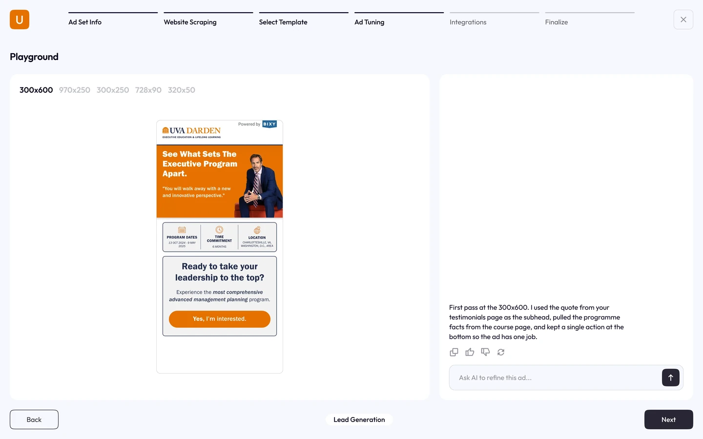 The first generated ad, beside a single opening message explaining what the AI chose and why