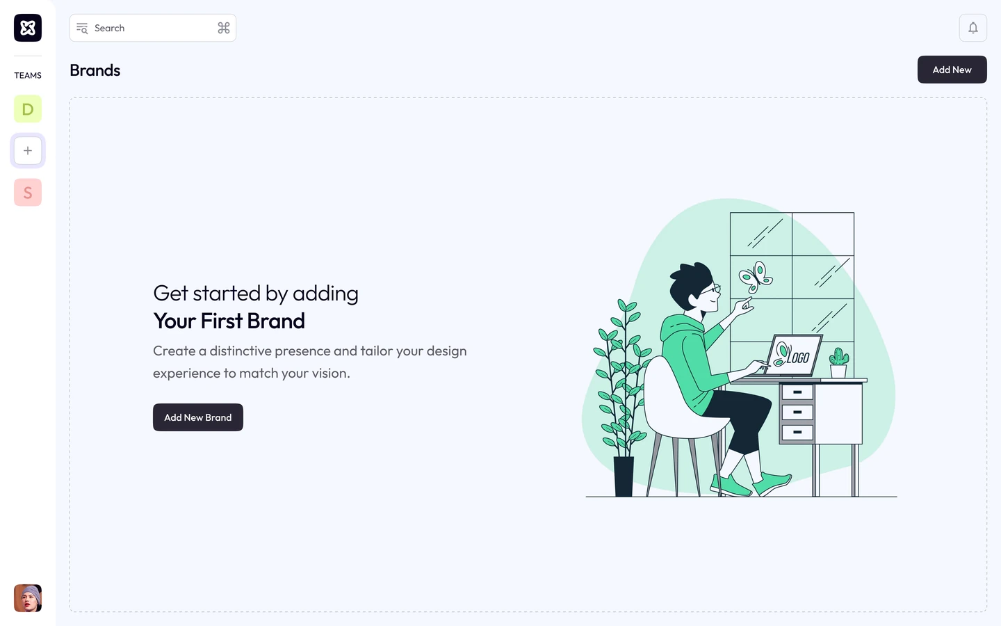The Brands screen before anything exists, with one prompt to add the first brand
