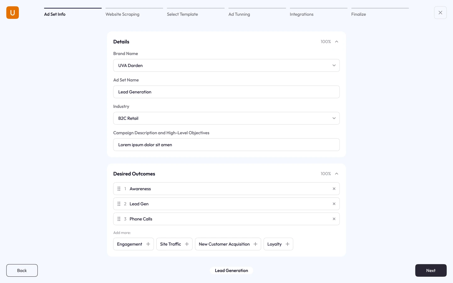Step one of the wizard: naming the ad set, its industry and the outcomes it should drive