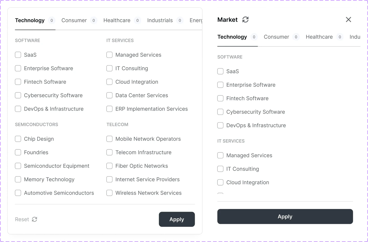 One filter control at two widths: the full tabbed multi-select across sectors, and the narrow side-panel version of the same thing