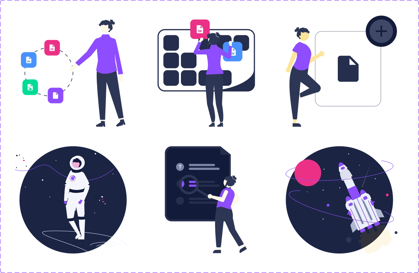 Illustration set from the design system, used across empty states in both products