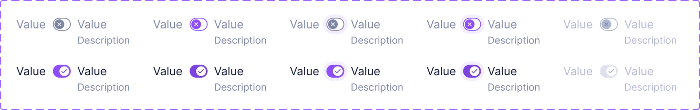 Toggle and value components documented across their states, enabled through to disabled
