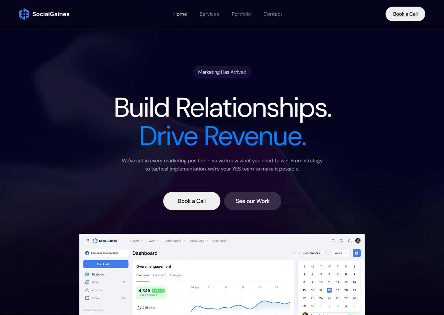 The SocialGaines marketing site, the same system carried onto a dark hero
