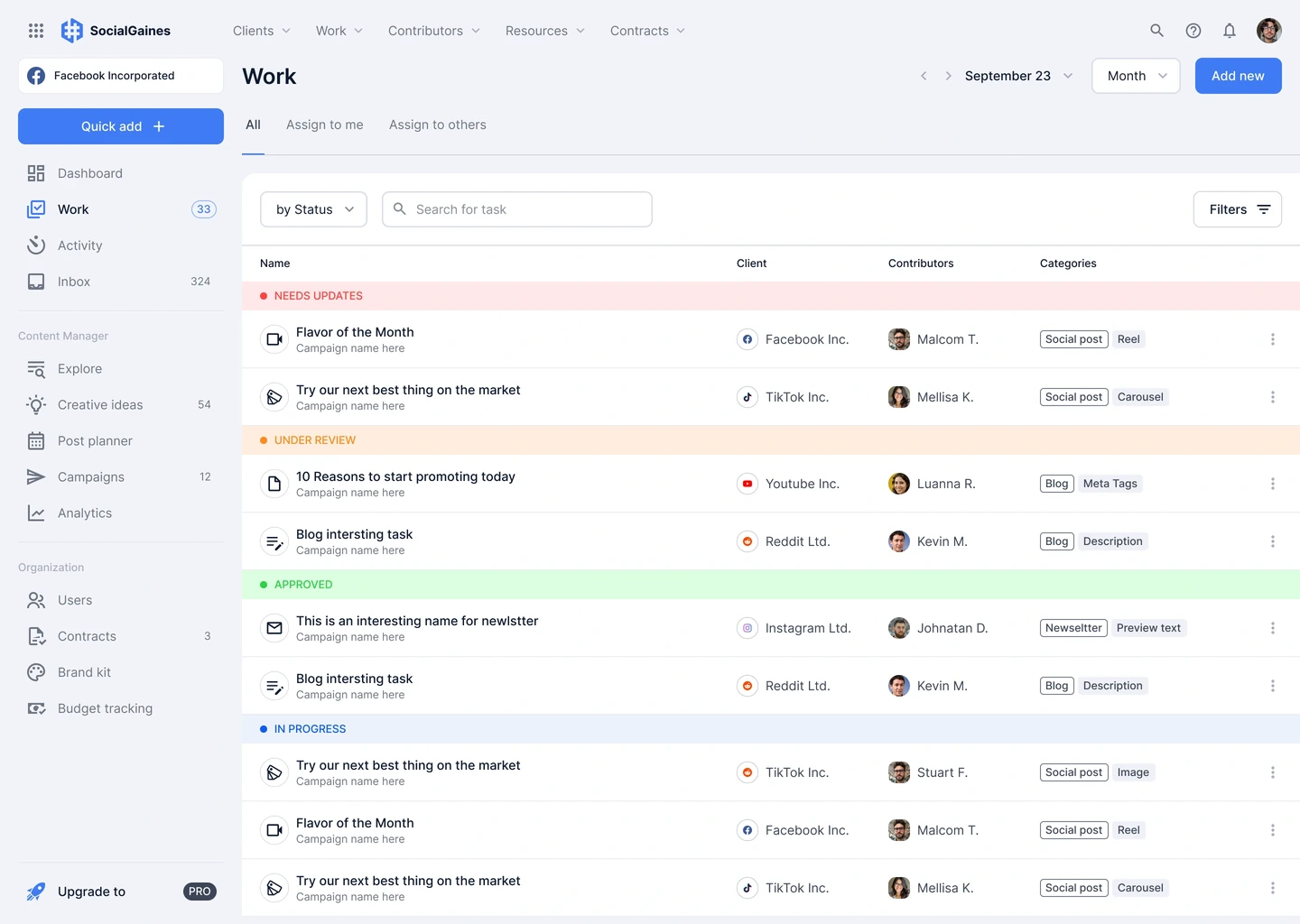 Work: everything in flight across clients, with counts and owners on each item