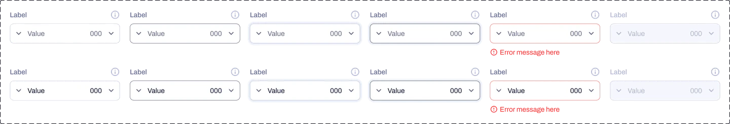 Design-system inputs: selects with focus, error and disabled states