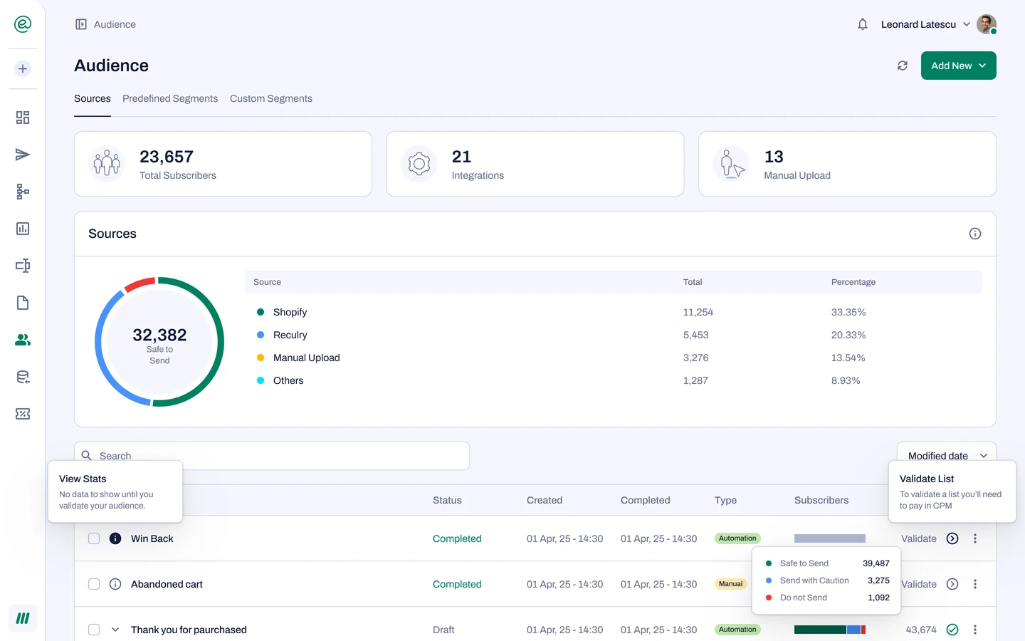tinyEmail Audience on desktop: subscriber sources and list health