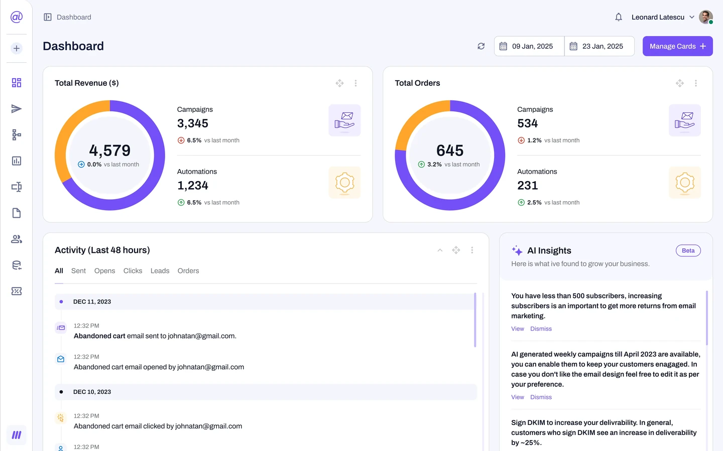 tinyAlbert dashboard on desktop: AI-generated insights on revenue and orders