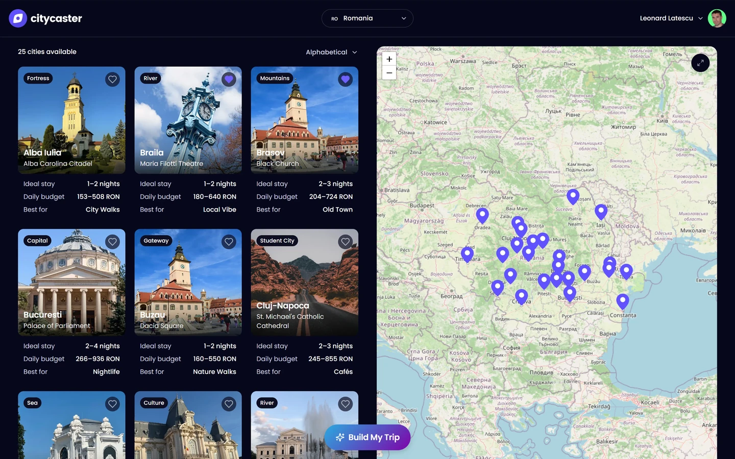 CityCaster: twenty-five Romanian cities as cards, each with its ideal stay, daily budget and what it is best for, beside a map of where they all sit