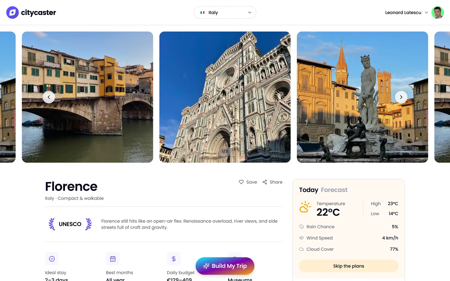 Florence city detail: photo gallery, trip information, daily budget and today's weather